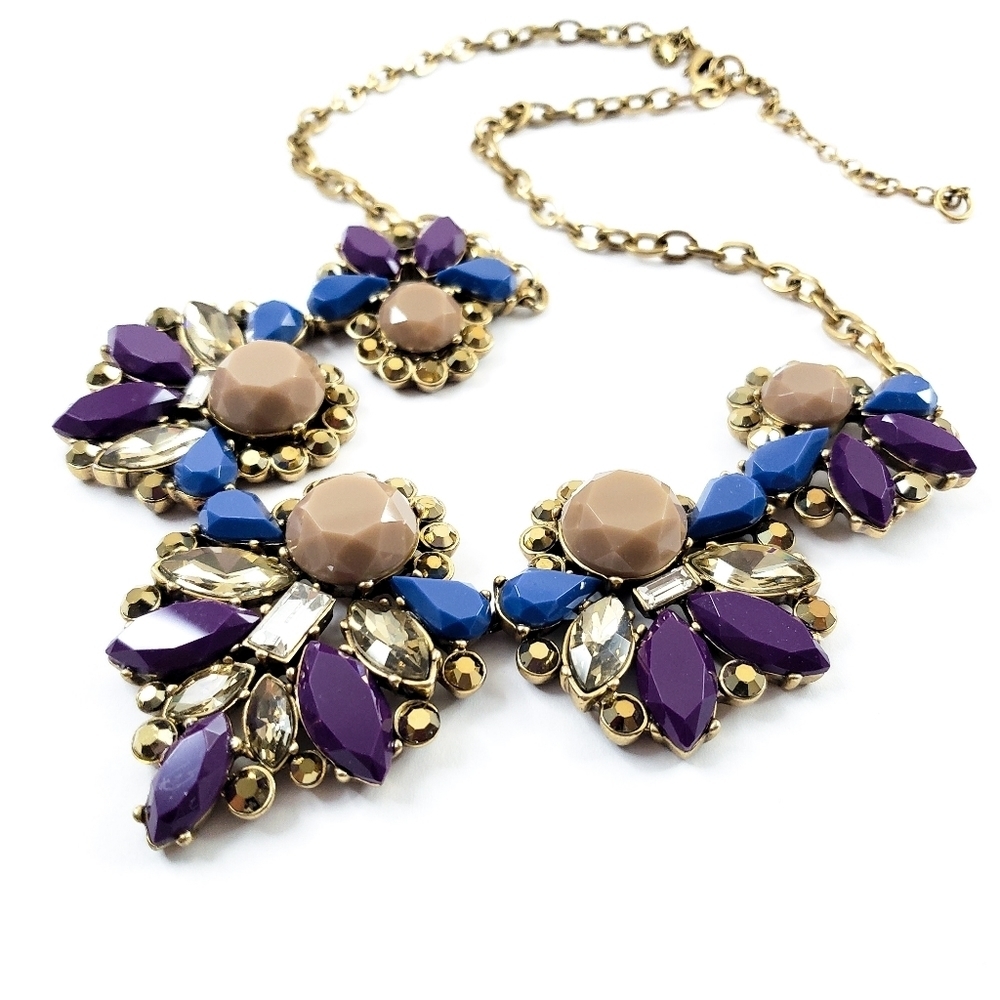J. Crew statement necklace with purple, blue, tan and brilliant rhinestonesA0273
